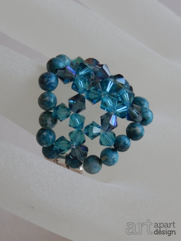 001r ring  blauw marmer met kristalkralen
